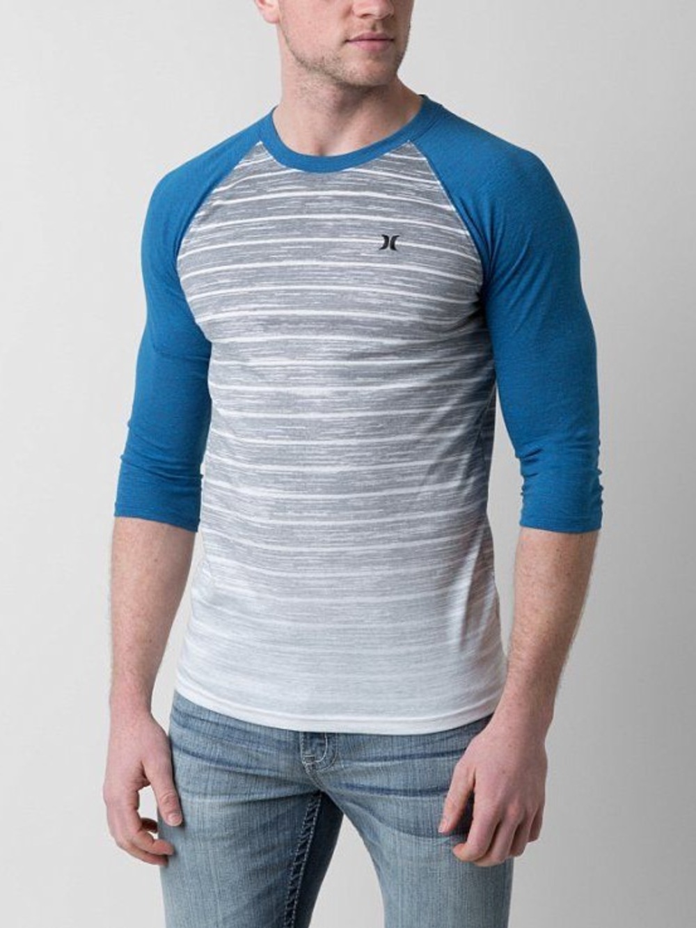 Hurley Men's 3/4 Sleeve Blue and Grey Raglan Baseball T-shirt